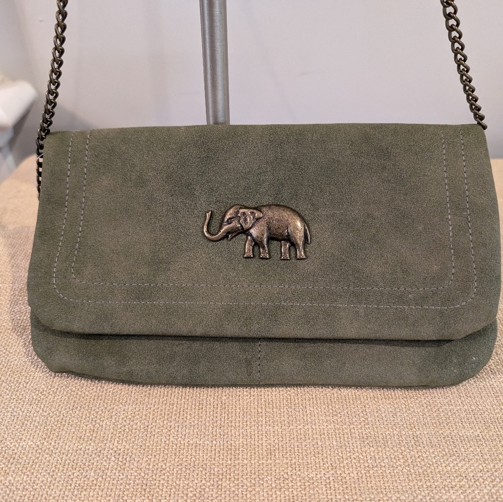 Francesca's Brassy Elephant Charm Wallet/Clutch Olive Green NWT Faux Suede Outer